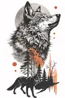 A wolf howling at a full moon while surrounded by a forest landscape tattoo design idea