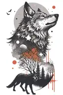 A wolf howling at a full moon while surrounded by a forest landscape tattoo design idea