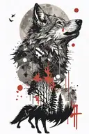 A wolf howling at a full moon while surrounded by a forest landscape tattoo design idea