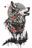 A wolf howling at a full moon while surrounded by a forest landscape tattoo design idea