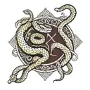 Snake, Libra zodiac sign, number 7 and the phrase: "keep your friends close and your enemies closer." tattoo design idea