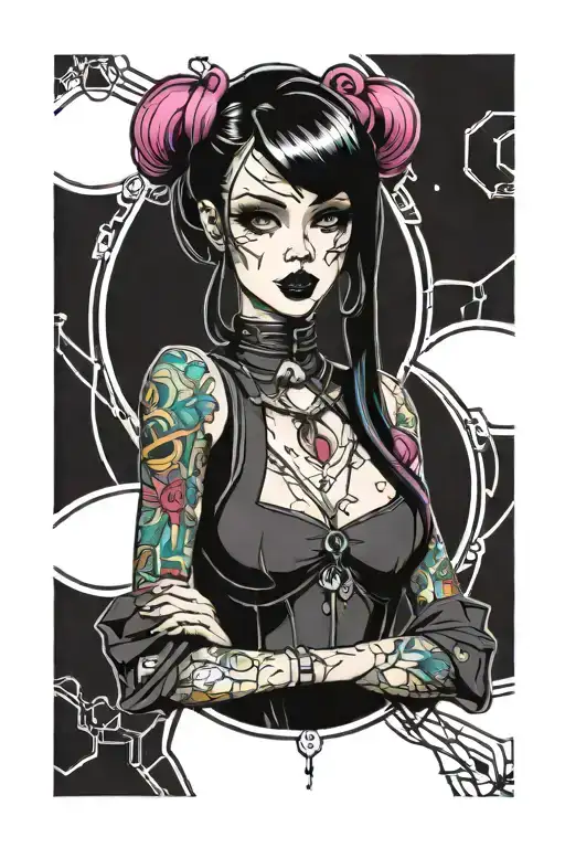 full colour gothic emo cyberpunk futuristic pinup girl tattoo design idea