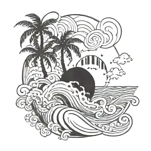 An abstract tattoo design inspired by the concept of vacation, incorporating elements like palm trees and waves tattoo design idea