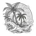 An abstract tattoo design inspired by the concept of vacation, incorporating elements like palm trees and waves tattoo design idea