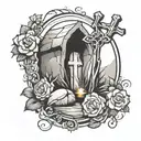 empty tomb and cross  tattoo design idea