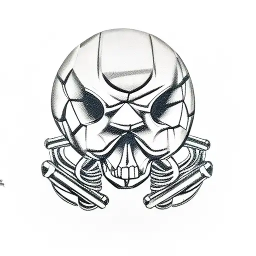 A car engine with exhaust pipes shaped like soccer balls and a skull as the hood ornament tattoo design idea