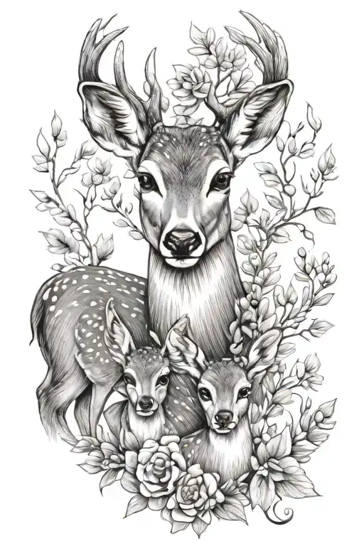 doe mother with two baby deers head with a nature inspired tattoo tattoo design idea