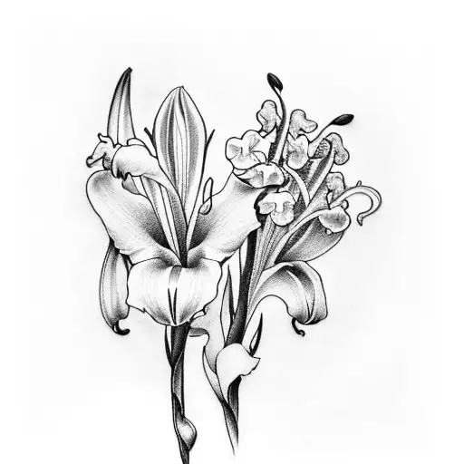 A bouquet of lily-of-the-valley, gladiolus, and morning glory flowers in a blackwork style tattoo design idea