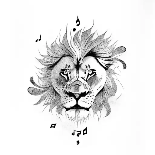 A lion roaring with musical notes and fire emanating from its mouth tattoo design idea