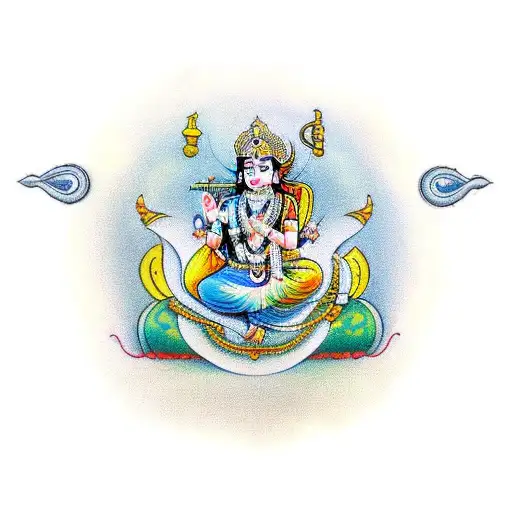 A traditional design illustrating the bond of a mother, father, and younger brother, with Krishna's leaf and flute symbolizing divine protection and guidance tattoo design idea