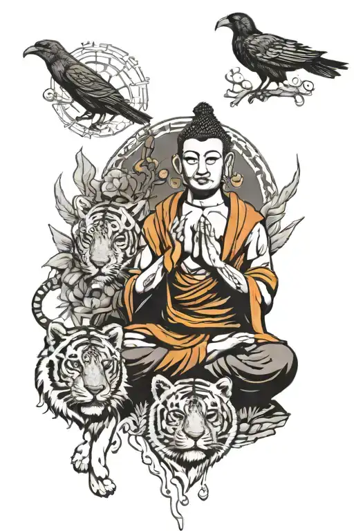 buddha and wolf and tiger and raven sitting tattoo design idea