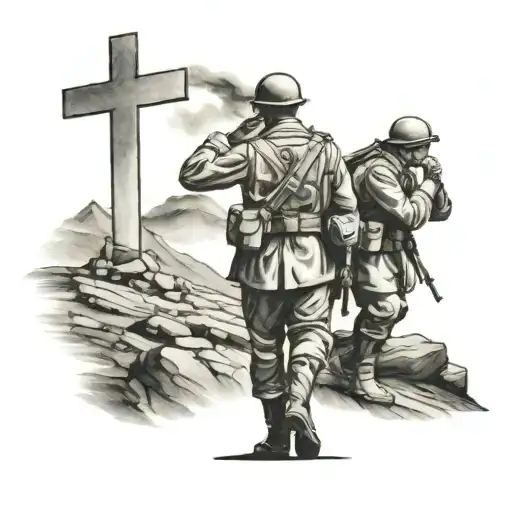 soldier saluting two crosses on a hill tattoo design idea