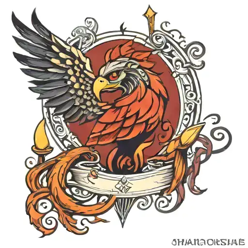 Phoenix bird, roots in the tail, hourglass in the heart, eye shaped like the constellation Leo tattoo design idea