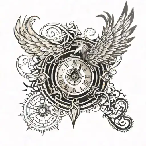 Phoenix bird with roots in the tail, hourglass in the heart with small gears inside, eye shaped like the clock tattoo design idea
