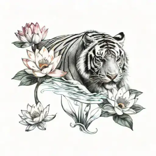 tiger and water lily flower tattoo design idea