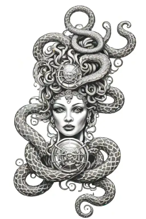 Black and white medusa head shot with snakes and a crystal ball wrap around thigh tattoo tattoo design idea