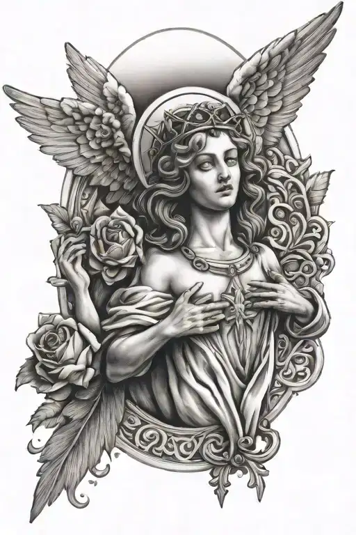 sacred heart , crucifix, angel, cherub angel, rosary tattoo design idea