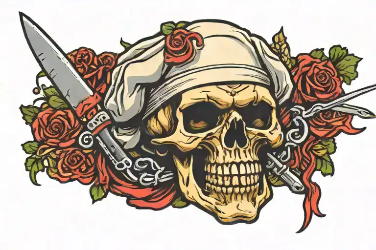 chef skull knife meat blood tattoo design idea