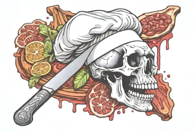 chef skull knife meat blood tattoo design idea