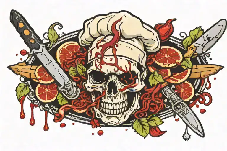chef skull knife meat blood tattoo design idea