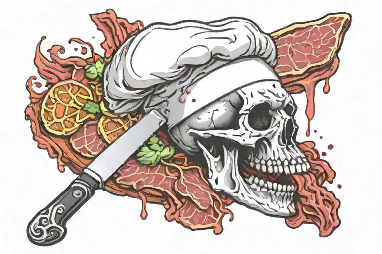 chef skull knife meat blood tattoo design idea