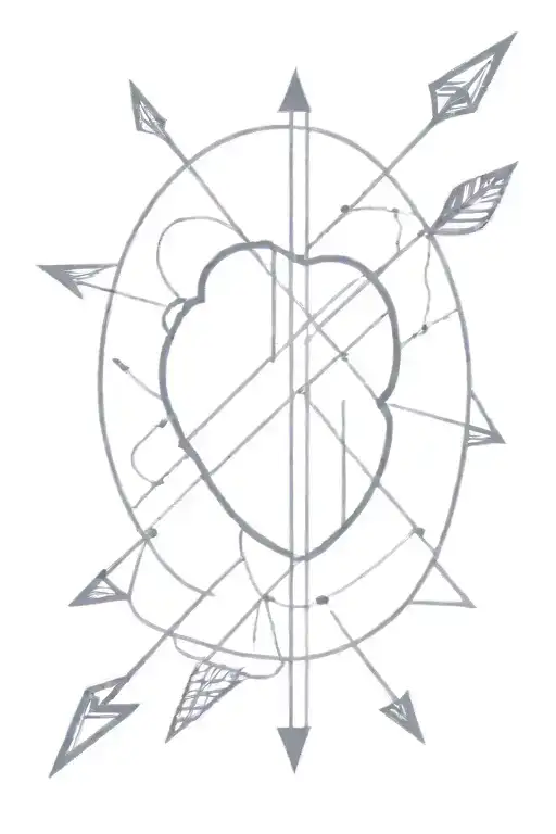 The heart is divided into 3 parts from above, the brain is at the bottom, lines and geometric shapes between them. tattoo design idea