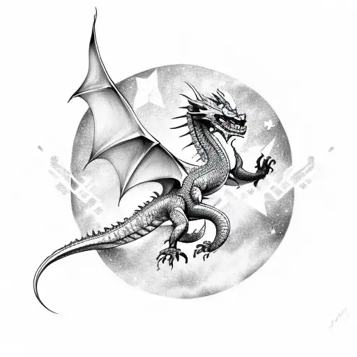 Dragon flying through a starry sky tattoo design idea