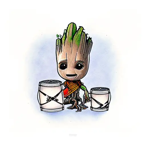 A baby groot playing a drum set tattoo design idea