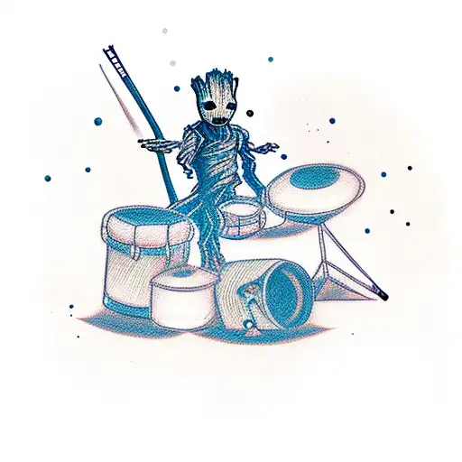 A baby groot playing a drum set tattoo design idea