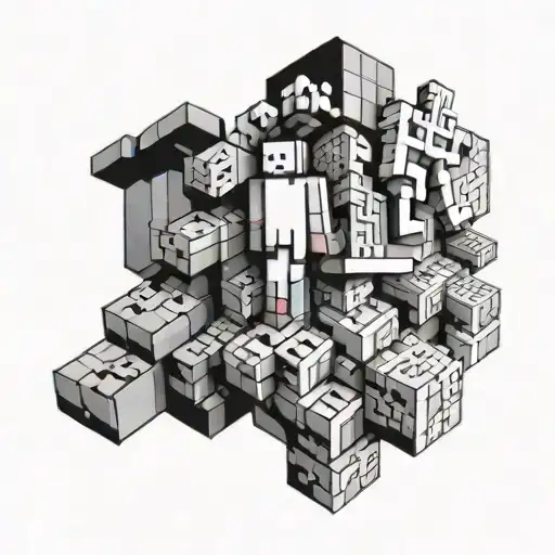 A geometric representation of the LGBTQ+ pride flag intertwined with elements of Minecraft blocks and characters tattoo design idea