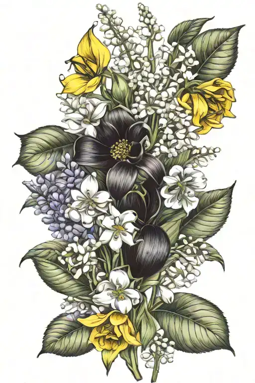 lily of the valley, sunflower, yellow rose, sweet pea, nightshade, lilac tattoo design idea