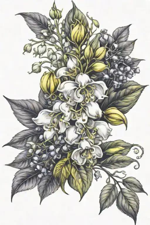 lily of the valley, sunflower, yellow rose, sweet pea, nightshade, lilac tattoo design idea