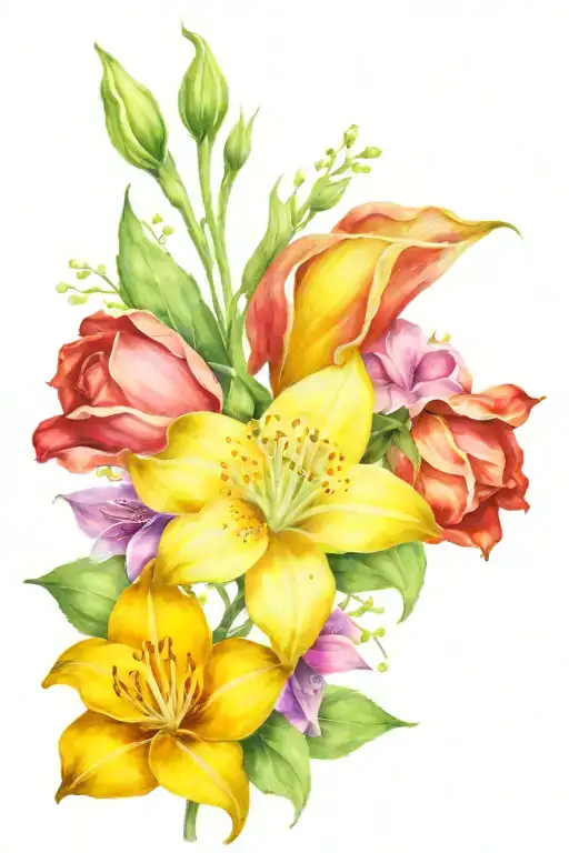 lily of the valley, sunflower, yellow rose, sweet pea, nightshade, lilac tattoo design idea
