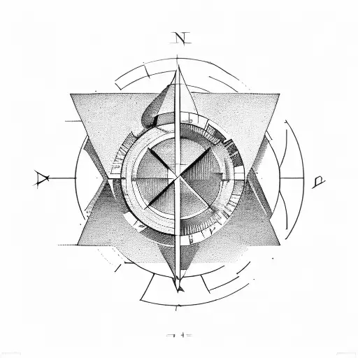 Create a geometric arrow with clean, sharp lines, and embed a precise compass at its core. tattoo design idea
