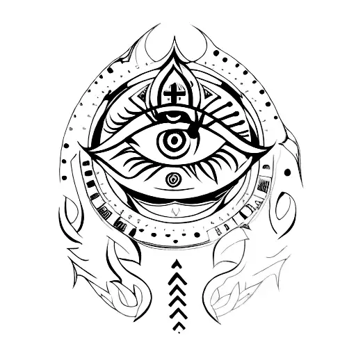 Fine line style evil eye tattoo placed on the back of