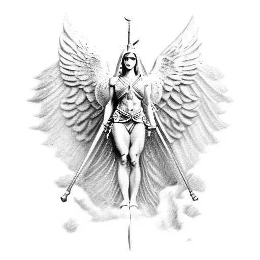 An angel warrior with a fitness physique,  that stands for righteous and justice like justitia, realistic picture tattoo design idea