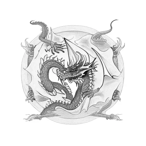 Three-headed dragon eating pizza  tattoo design idea