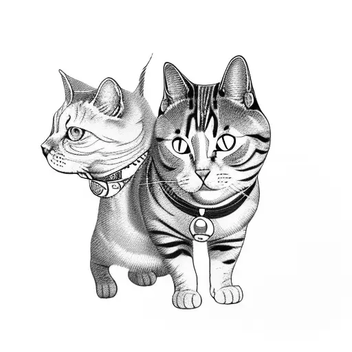 cat american shorthair, and dog american bully, together, minimalist line art tattoo design idea
