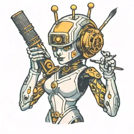 lady robot holding a paintbrush intertwined tattoo design idea