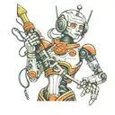 lady robot holding a paintbrush intertwined tattoo design idea