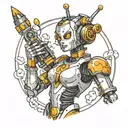 lady robot holding a paintbrush intertwined tattoo design idea