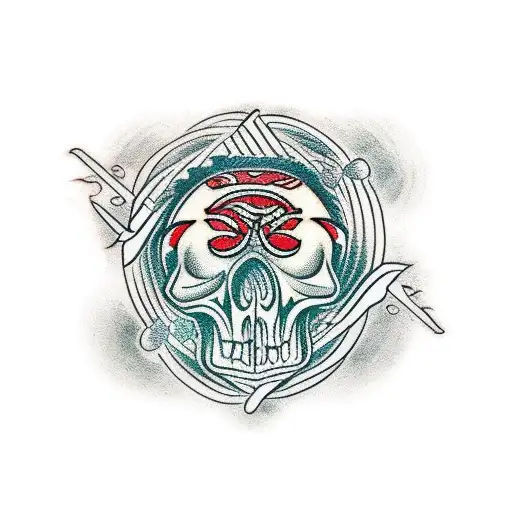 polynesian skull with japanese waves  tattoo design idea