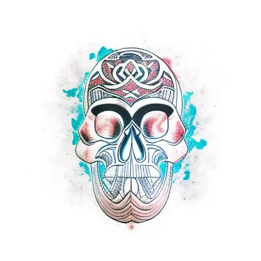 polynesian skull with japanese waves  tattoo design idea