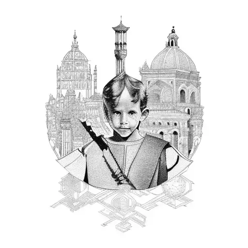 A fusion design of 'Il Piccolo Principe' and Bologna landmarks in blackwork style tattoo design idea