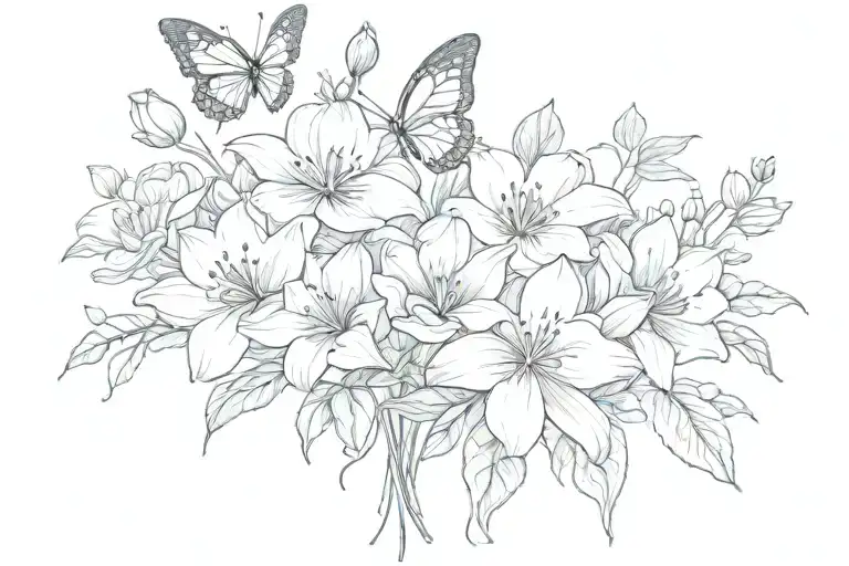 sweet pea, water lily, morning glory and cosmos bouquet with a baby butterfly  tattoo design idea