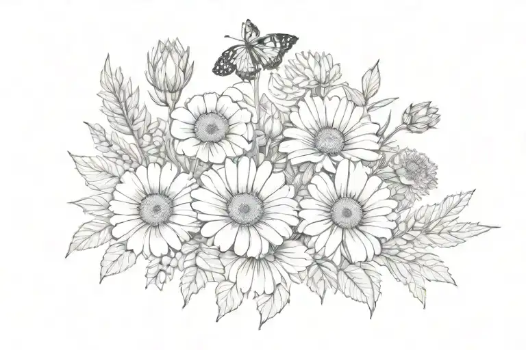 two marigolds, a daisy, a larkspur and an aster flower bouquet with a butterfly on top tattoo design idea