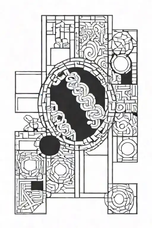 modern geometric stained glass line art tattoo design featuring rectangles and circles with a rectangular border tattoo design idea