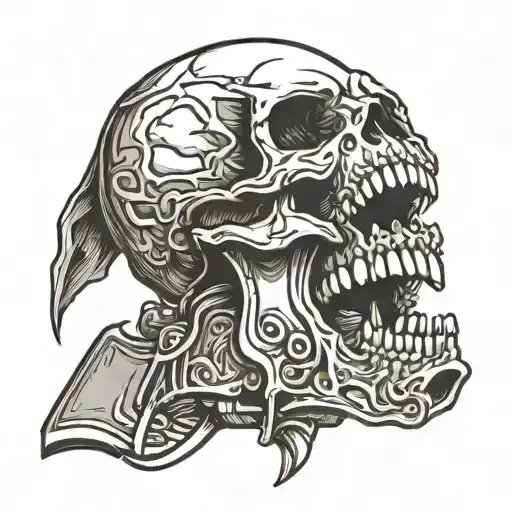 screaming skull holding gun in mouth wide open tattoo design idea