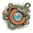 Snakes around the planet Mars with an open mouth tattoo design idea