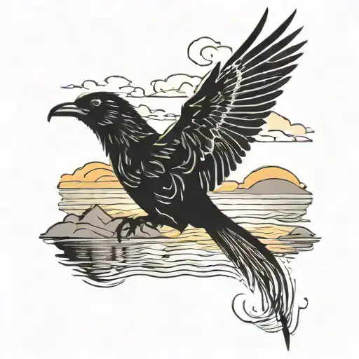 A silhouette of a bird flying over a beach at sunset tattoo design idea